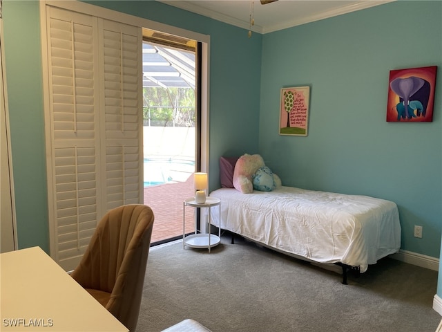 bedroom with carpet floors and ornamental molding