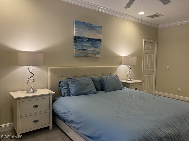 bedroom featuring ornamental molding, ceiling fan, and light carpet