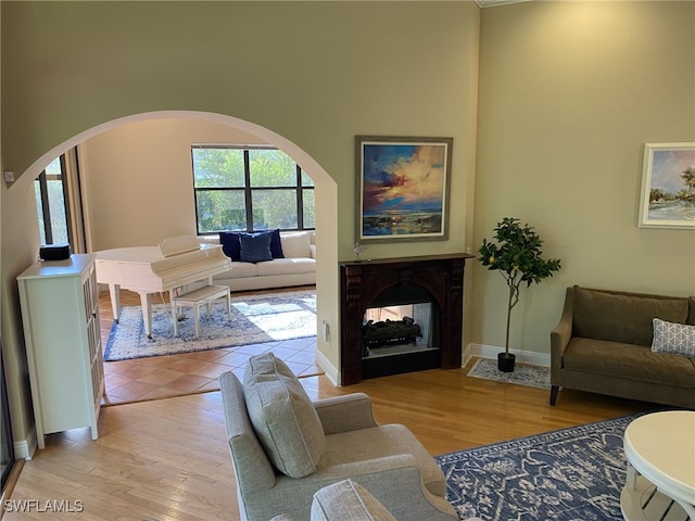 living room featuring light hardwood / wood-style floors and a multi sided fireplace