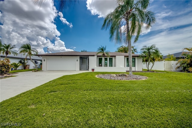 ranch-style home with a front yard and a garage