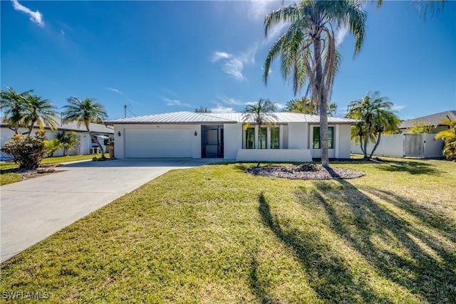 ranch-style house featuring a garage and a front lawn