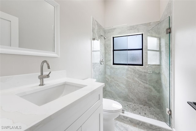 bathroom featuring vanity, toilet, and a shower with shower door