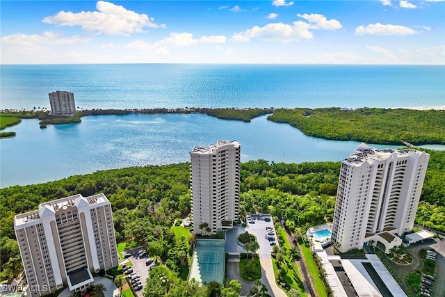 aerial view featuring a water view