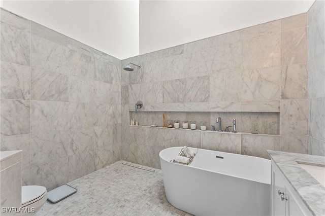 full bathroom with vanity, shower with separate bathtub, toilet, and tile walls