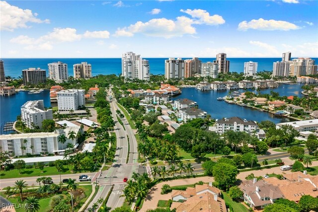 birds eye view of property with a city view and a water view