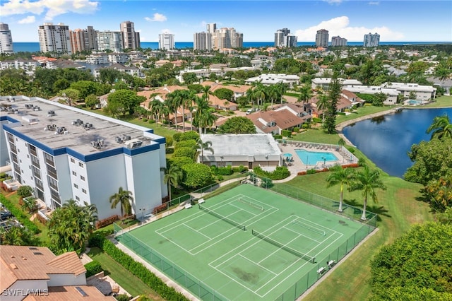 aerial view with a water view and a city view