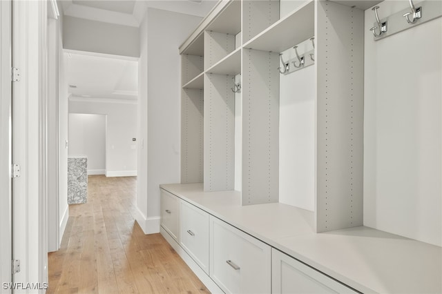 mudroom with light hardwood / wood-style flooring