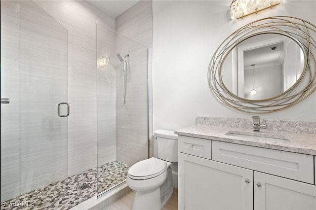 bathroom with vanity, a shower with shower door, and toilet