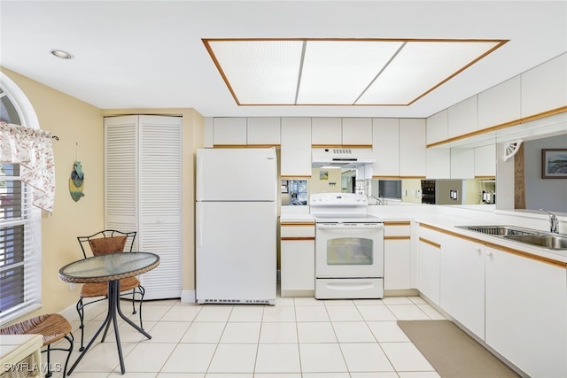 kitchen featuring white cabinets, sink, and white appliances