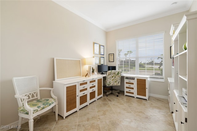 office with light tile patterned flooring and crown molding