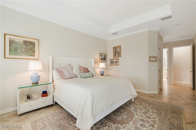 tiled bedroom featuring crown molding