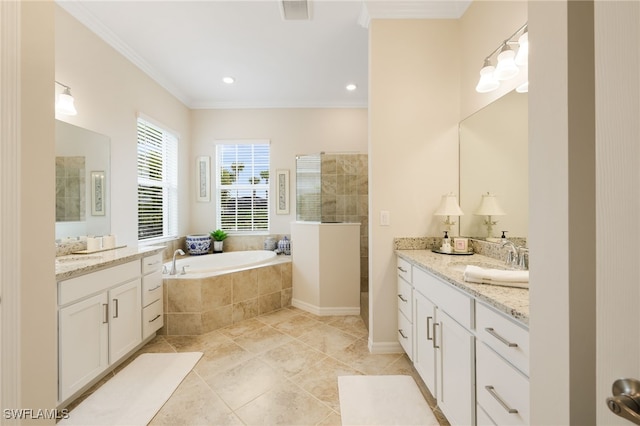 bathroom with tile patterned flooring, vanity, separate shower and tub, and crown molding