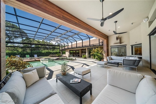 view of patio with a pool with hot tub, outdoor lounge area, ceiling fan, and glass enclosure