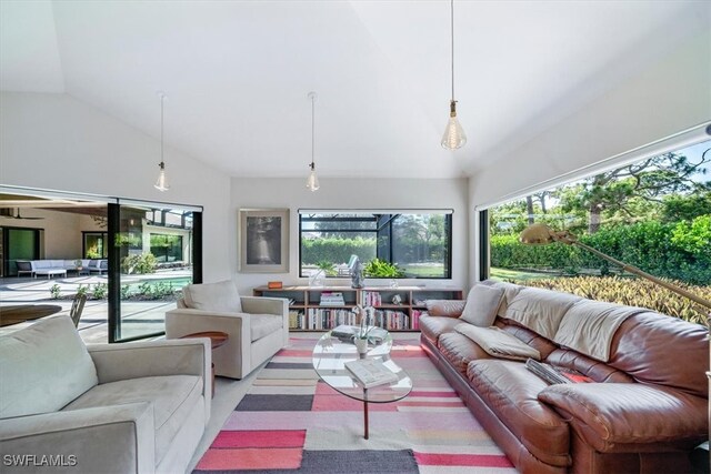 living room featuring lofted ceiling