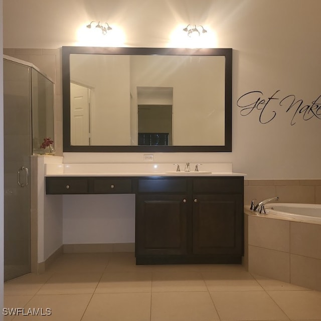 bathroom with vanity, plus walk in shower, and tile patterned floors