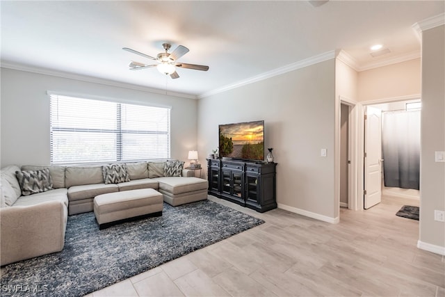 living room featuring ceiling fan, light hardwood / wood-style flooring, and ornamental molding