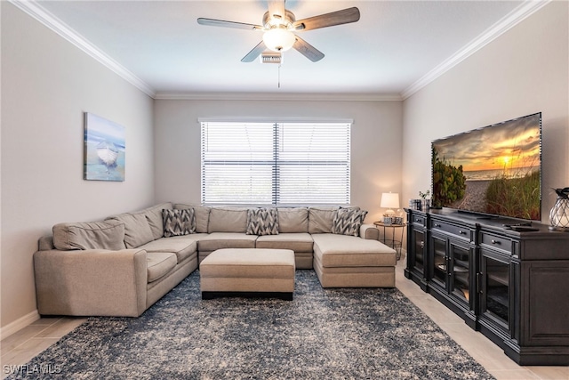 living room featuring ornamental molding, ceiling fan, and light tile patterned floors