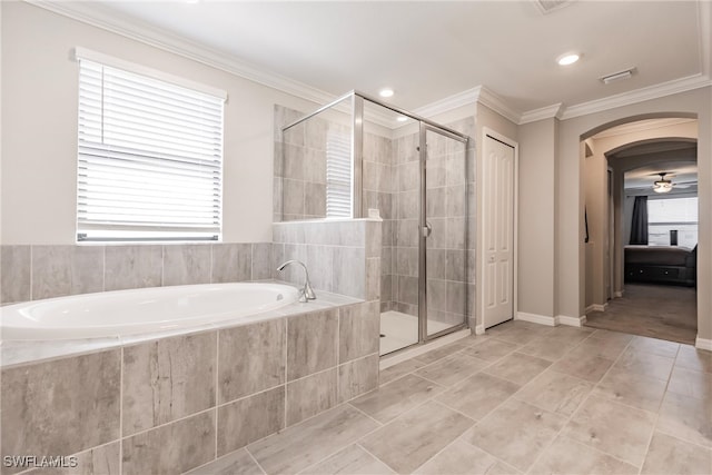 bathroom featuring independent shower and bath, crown molding, and ceiling fan