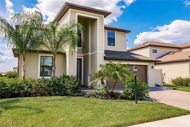 view of front of home with a garage and a front lawn