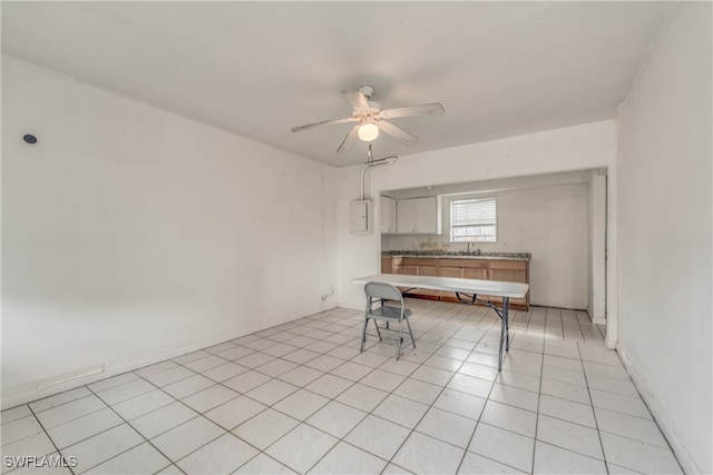 kitchen with ceiling fan, white cabinets, electric panel, and light tile patterned floors