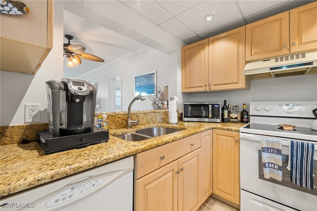 kitchen featuring light stone counters, sink, a drop ceiling, white appliances, and light brown cabinetry