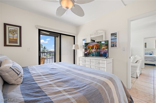 tiled bedroom with access to outside and ceiling fan