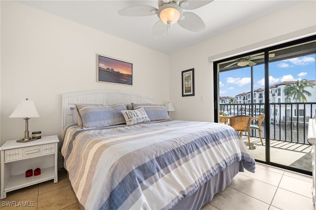 bedroom featuring light tile patterned floors, ceiling fan, and access to exterior