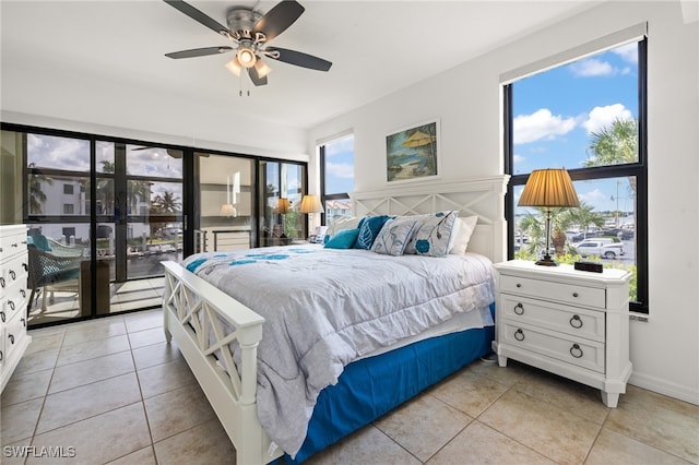 bedroom featuring ceiling fan and light tile patterned floors