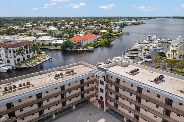 bird's eye view with a water view