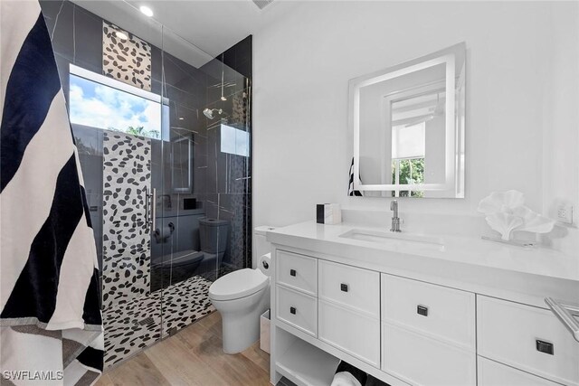 bathroom featuring plenty of natural light, vanity, toilet, and wood finished floors