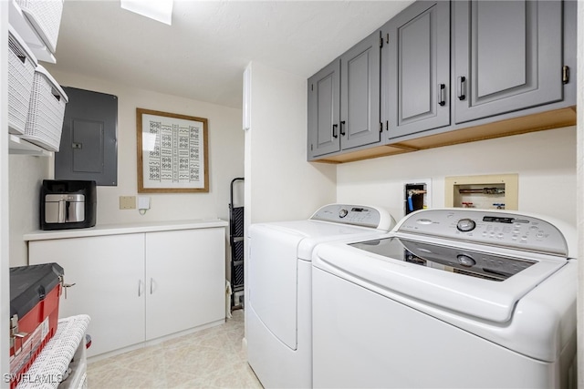 clothes washing area featuring cabinets, independent washer and dryer, and electric panel