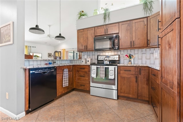 kitchen featuring backsplash, black appliances, decorative light fixtures, light stone counters, and ceiling fan