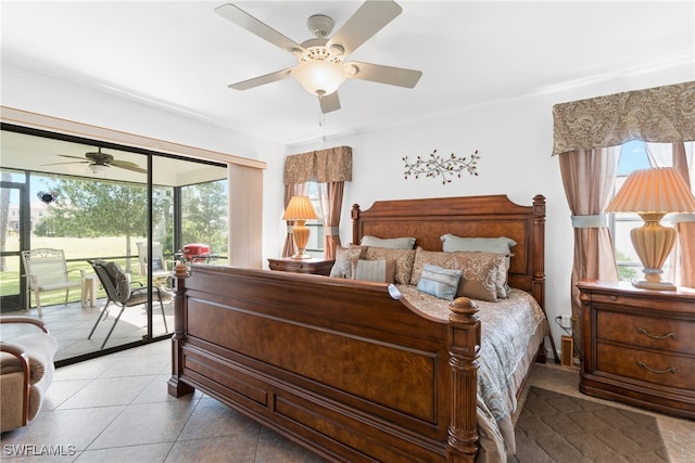 bedroom with ceiling fan, access to outside, and light tile patterned floors