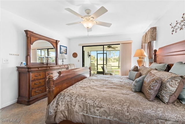 tiled bedroom featuring access to outside and ceiling fan