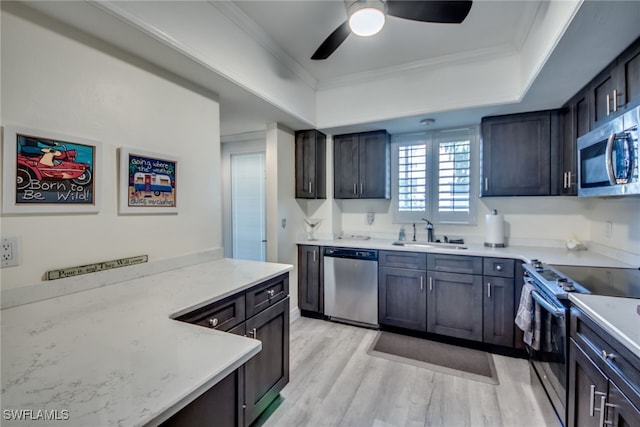 kitchen with ceiling fan, sink, light hardwood / wood-style flooring, stainless steel appliances, and crown molding