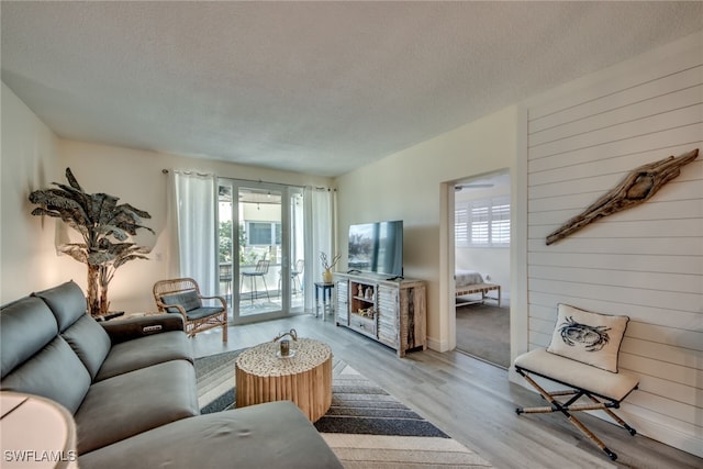 living room with light hardwood / wood-style flooring and a textured ceiling