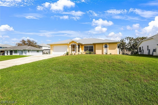 ranch-style house with a garage and a front lawn