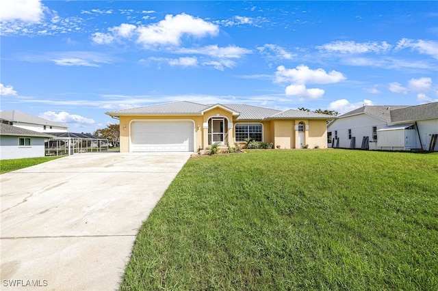 17585 Blackfriar Dr, Fort Myers, FL 33908 - ranch-style house with a front lawn, a lanai, and a garage