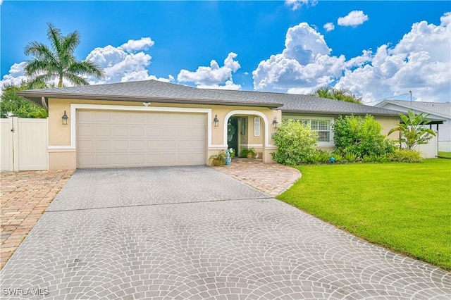 view of front of home with a garage and a front lawn