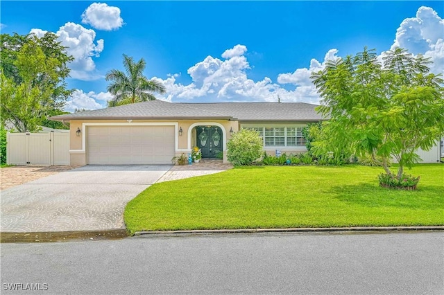 view of front of home with a front lawn and a garage