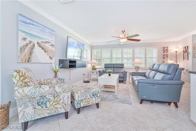 tiled living room featuring ceiling fan and ornamental molding