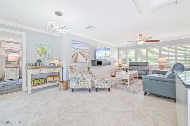 living room with ceiling fan, crown molding, and light tile patterned flooring