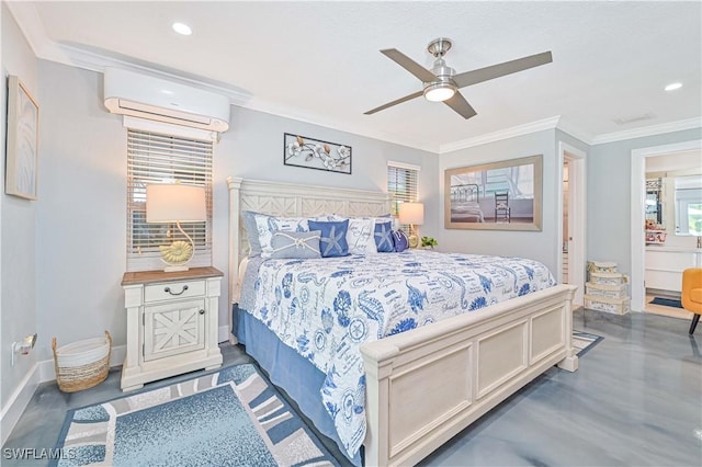 bedroom featuring ceiling fan, ornamental molding, concrete flooring, an AC wall unit, and multiple windows