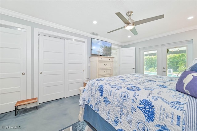 bedroom featuring ceiling fan, access to exterior, concrete floors, crown molding, and french doors