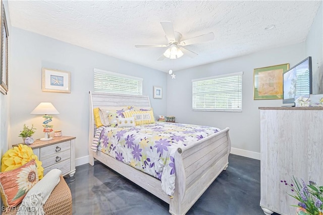 bedroom featuring ceiling fan and a textured ceiling