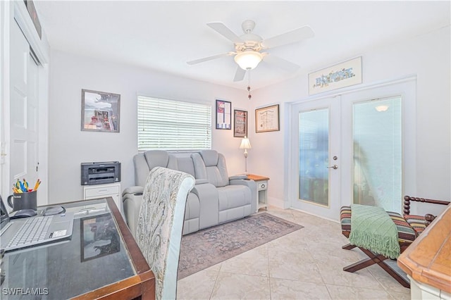 interior space featuring ceiling fan, light tile patterned floors, and french doors