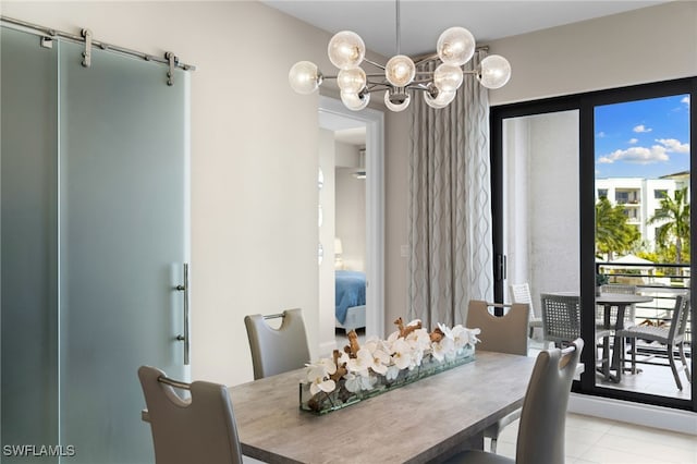 dining area featuring a notable chandelier and light tile patterned flooring