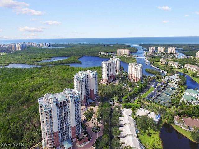 drone / aerial view featuring a view of city and a water view