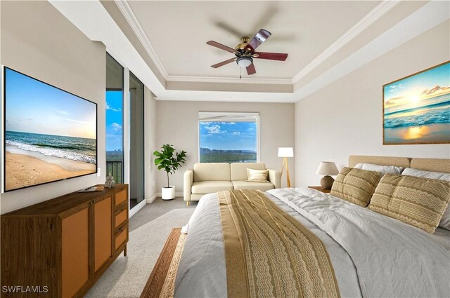 bedroom with multiple windows, light carpet, ceiling fan, and ornamental molding