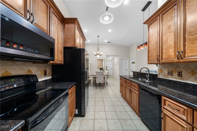 kitchen with pendant lighting, black appliances, sink, a chandelier, and light tile patterned floors